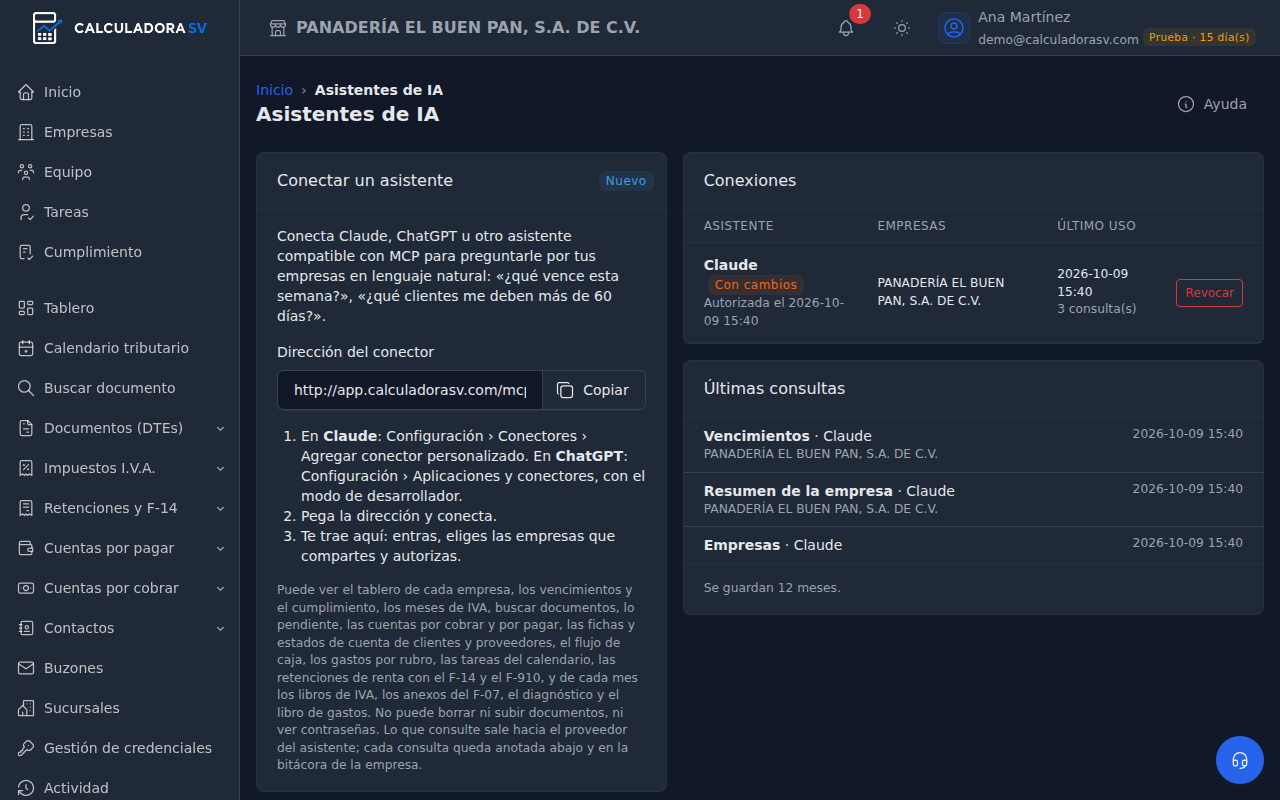 Pantalla Asistentes de IA con la tarjeta Conectar un asistente, la tabla Conexiones con un asistente autorizado y sus empresas, y la lista Últimas consultas