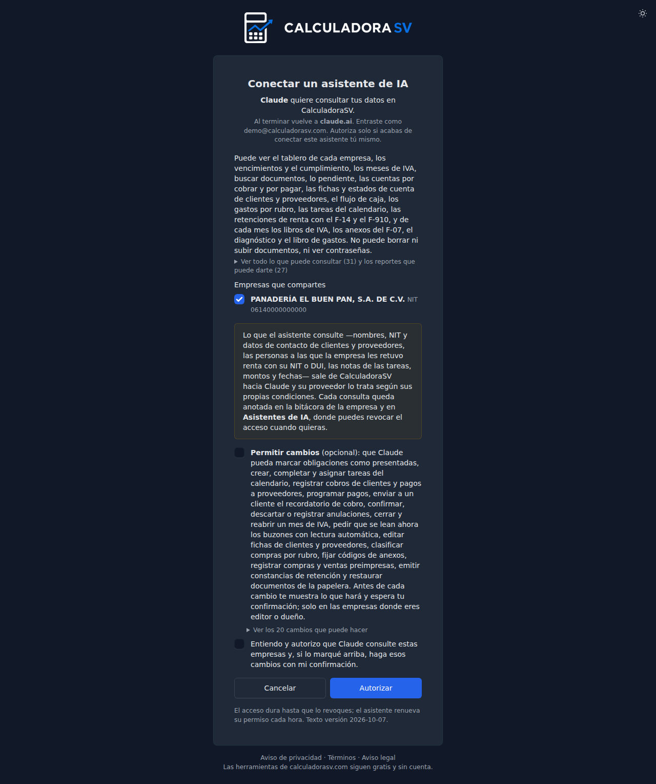Pantalla de autorización de un asistente: el nombre del asistente, la lista de empresas con sus casillas, la casilla Permitir cambios, el aviso de lo que puede hacer y los botones Cancelar y Autorizar