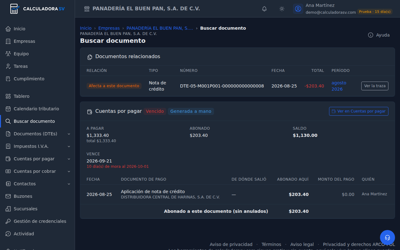 Documentos relacionados con la nota de crédito que afecta al documento, y la tarjeta Cuentas por pagar con el estado Vencido, lo a pagar, lo abonado, el saldo, el vencimiento con 3 días de mora y la aplicación de la nota de crédito