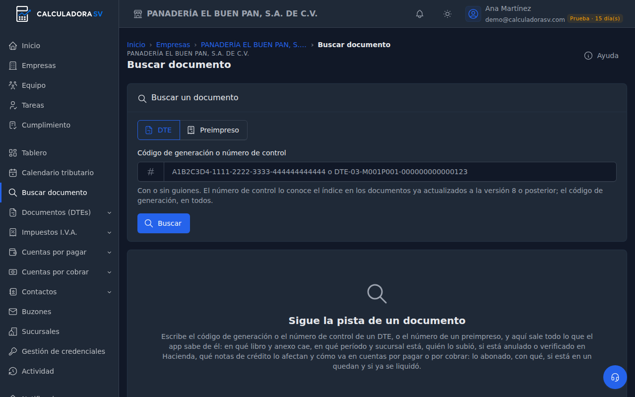 Pantalla Buscar documento con los botones DTE y Preimpreso, el campo Código de generación o número de control y el botón Buscar, y debajo el texto Sigue la pista de un documento