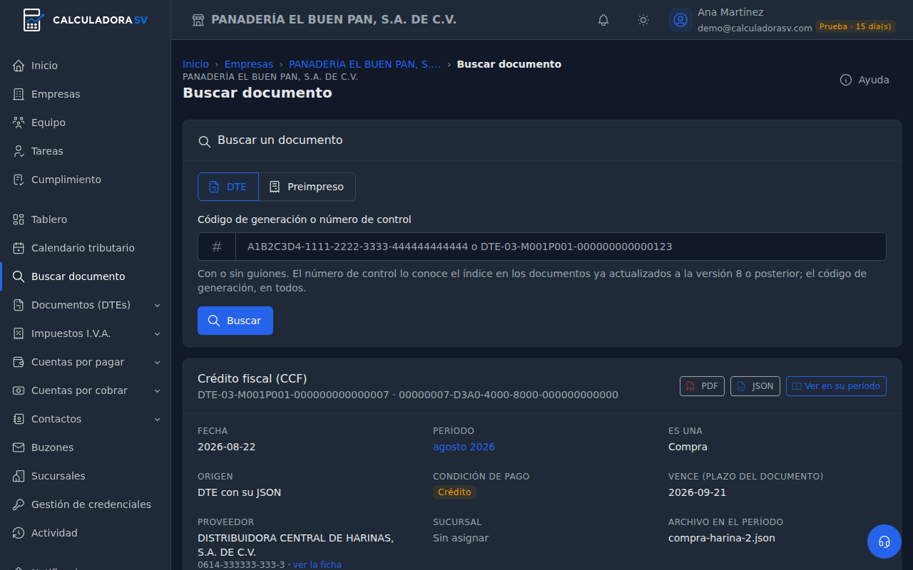 Traza de un crédito fiscal: el número de control y el código de generación, los botones PDF, JSON y Ver en su período, la fecha, el período, que es una compra con su JSON, a crédito, su vencimiento, el proveedor, la sucursal, el archivo y los montos