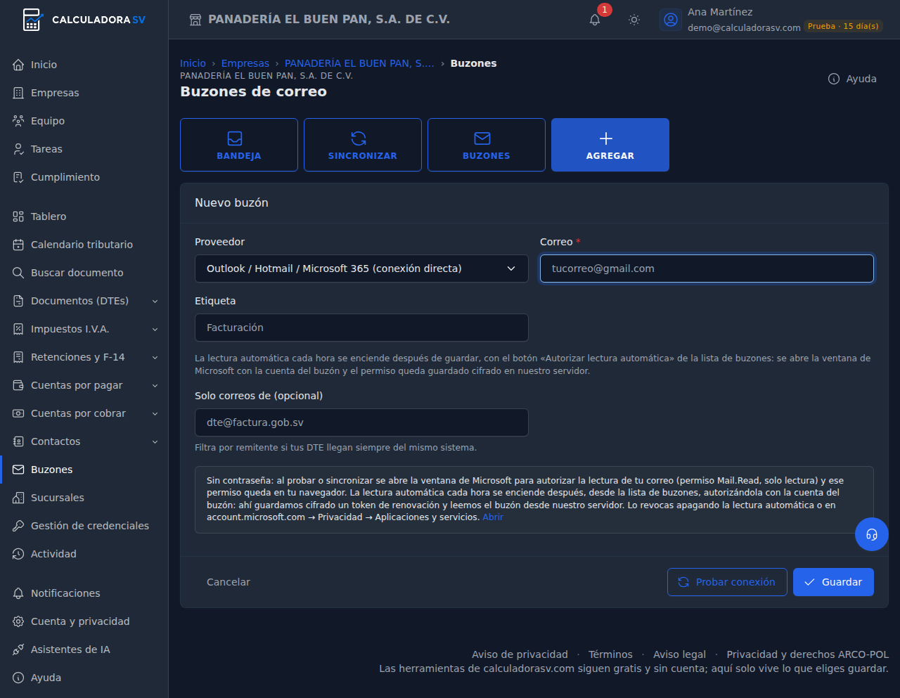 Formulario Nuevo buzón con el proveedor Outlook, Hotmail o Microsoft 365 elegido: sin campo de contraseña y con la explicación de la autorización en la ventana de Microsoft