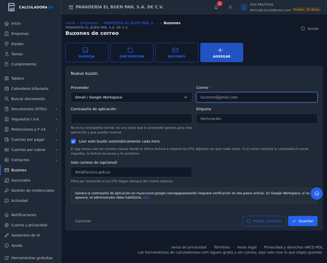 Formulario Nuevo buzón con el proveedor Gmail elegido, los campos de correo y contraseña de aplicación, la etiqueta, la casilla de lectura automática y el filtro de remitente
