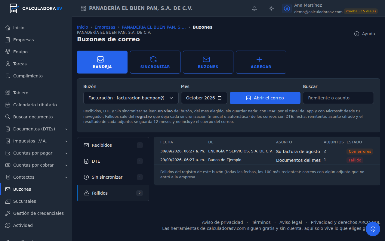 Pestaña Bandeja con el buzón y el mes elegidos, las carpetas Recibidos, DTE, Sin sincronizar y Fallidos, y la carpeta Fallidos abierta con dos correos, uno con errores y uno fallido