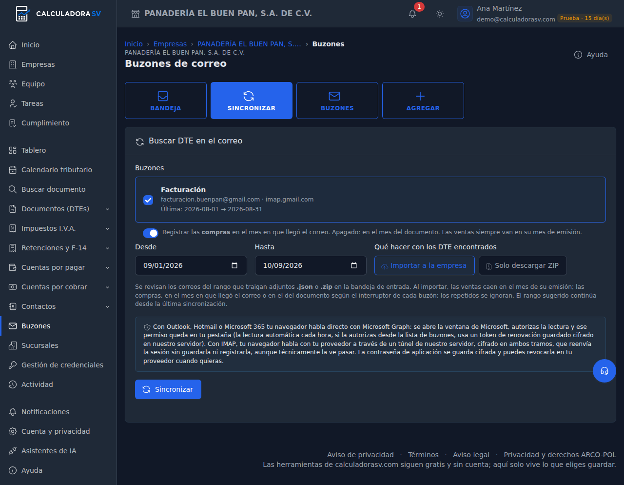 Pestaña Sincronizar con el buzón marcado, su interruptor de compras al mes del correo, las fechas desde y hasta, y las opciones Importar a la empresa o Solo descargar ZIP