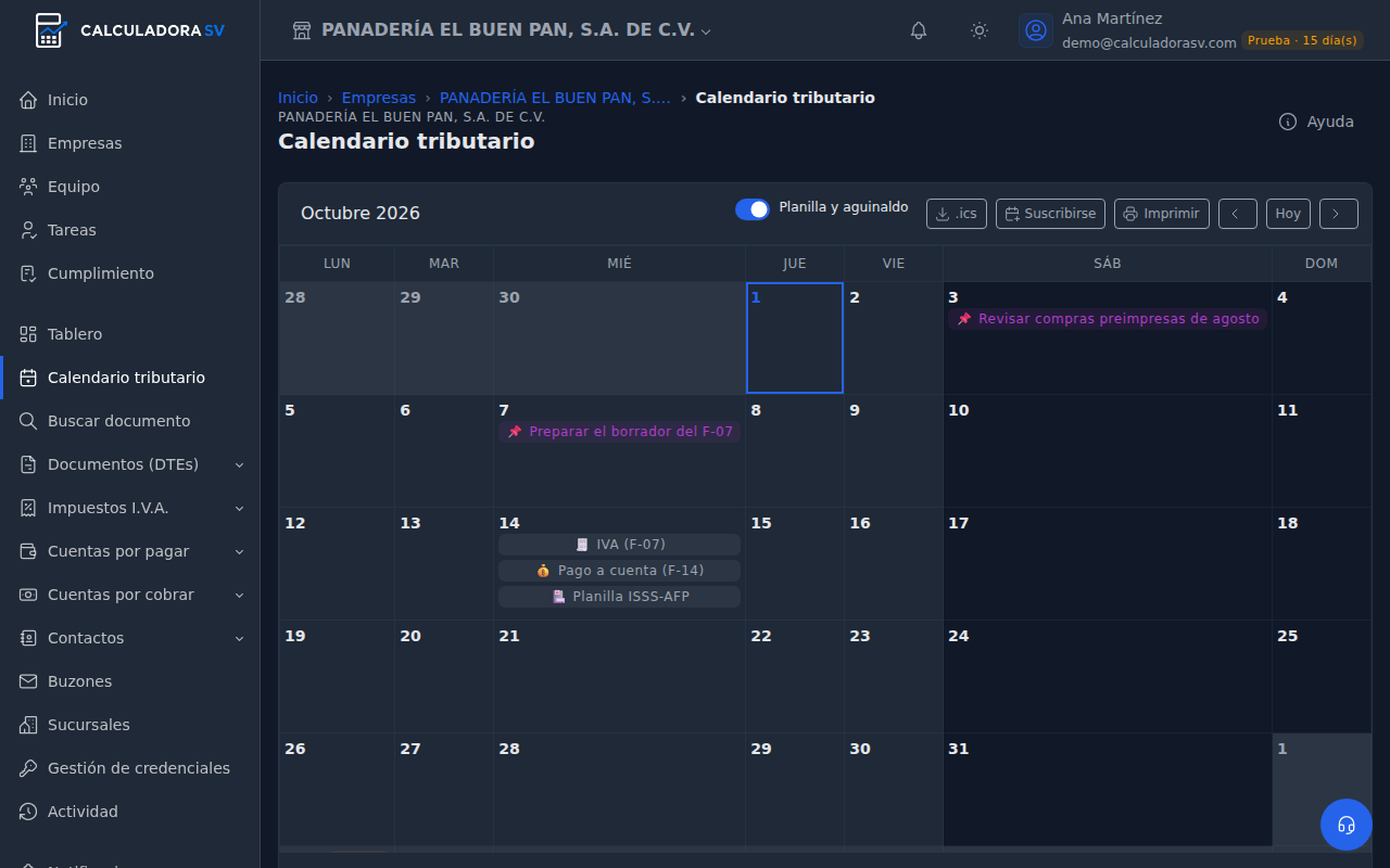 Calendario tributario del mes con las obligaciones de la empresa, sus fechas y su estado