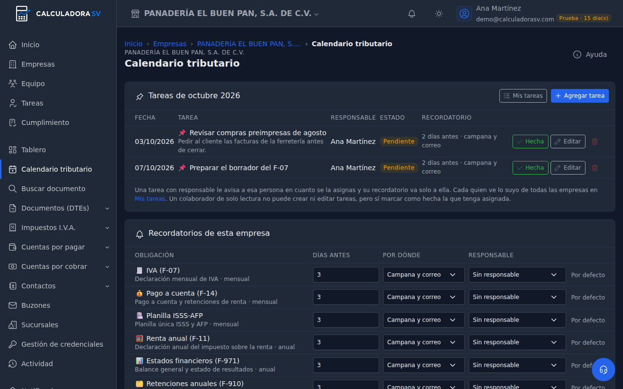 Tareas de septiembre con dos tareas pendientes y sus botones Hecha, Editar y eliminar, y debajo la tabla Recordatorios de esta empresa con días antes, por dónde y responsable de cada obligación