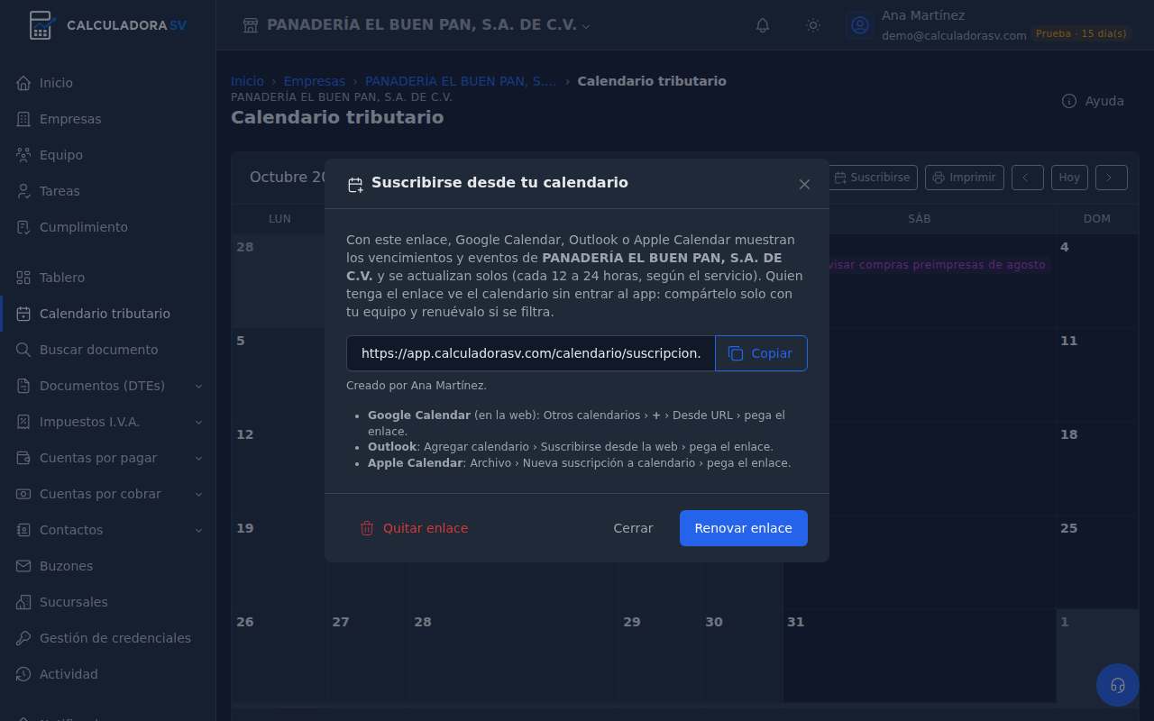 Diálogo Suscribirse desde tu calendario con el enlace, el botón Copiar, las instrucciones para Google Calendar, Outlook y Apple Calendar y los botones Quitar enlace y Renovar enlace