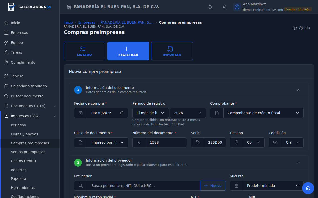 Formulario de una compra preimpresa con el tipo de documento, el proveedor y la fecha