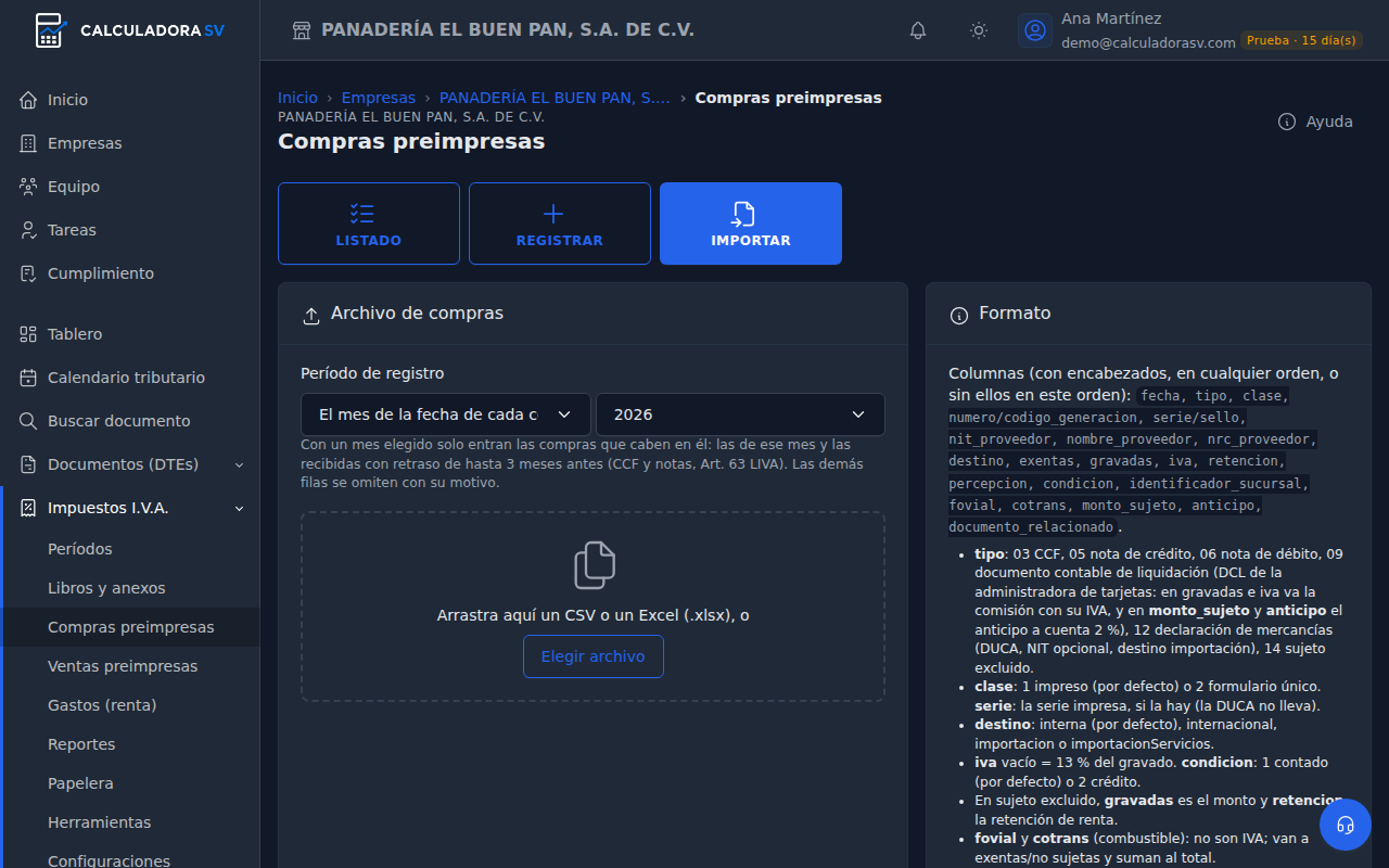 Panel Importar: período de registro, zona para arrastrar el archivo con el botón Elegir archivo, y a la derecha el formato con las columnas y el botón Plantilla Excel