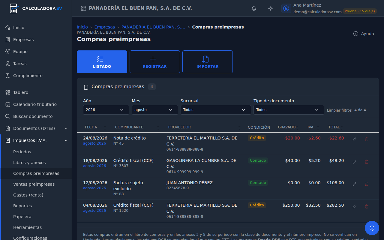 Compras preimpresas de agosto 2026: una nota de crédito, dos créditos fiscales y una factura de sujeto excluido, con proveedor, condición, gravado, IVA, total y los botones editar y borrar