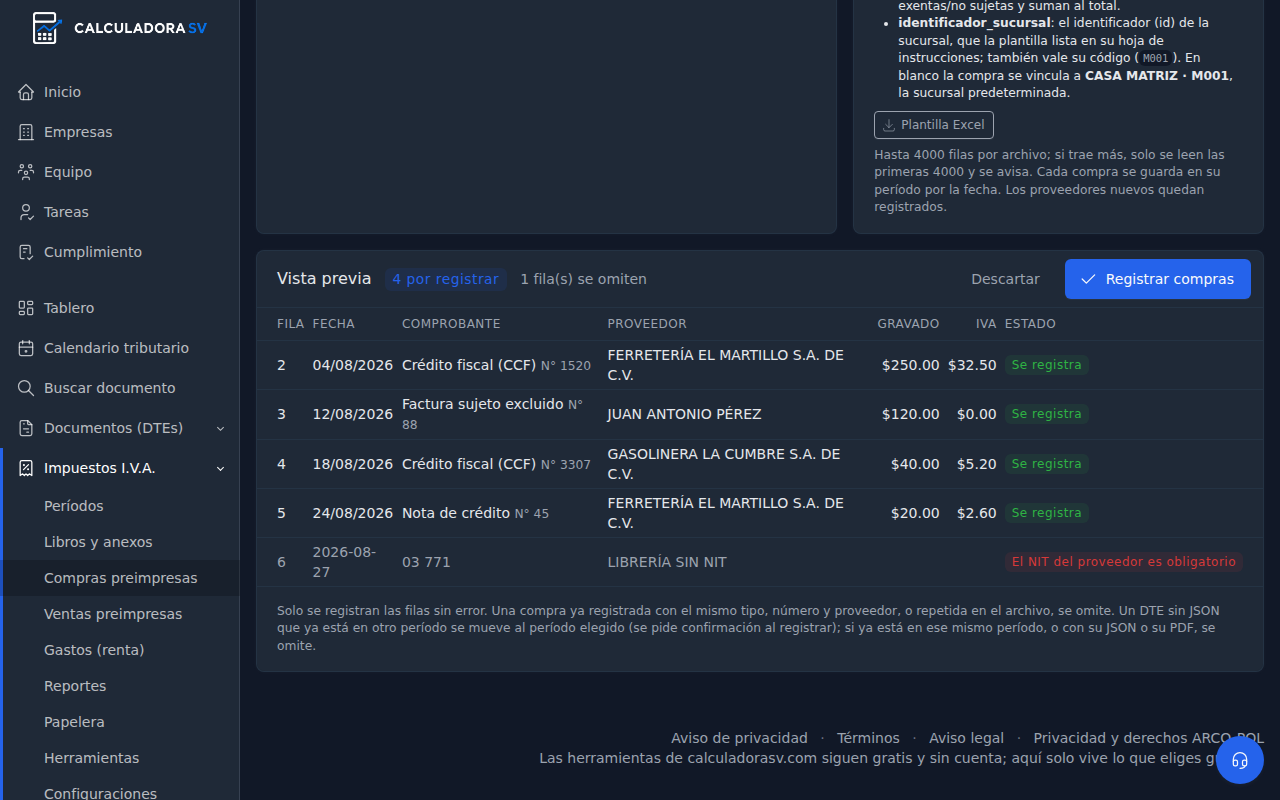 Vista previa de la importación: cuatro compras por registrar y una fila omitida porque falta el NIT del proveedor, con los botones Descartar y Registrar compras