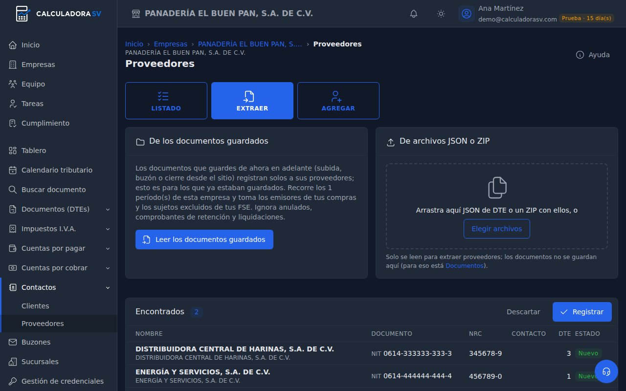 Panel Extraer con De los documentos guardados y su botón Leer los documentos guardados, De archivos JSON o ZIP, y la lista Encontrados con dos proveedores nuevos y el botón Registrar