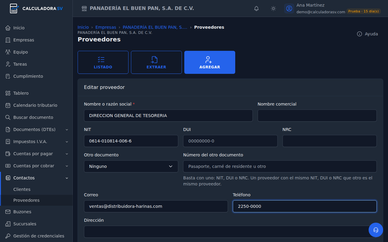 Formulario Editar proveedor con el nombre, el nombre comercial, NIT, DUI, NRC, otro documento, correo, teléfono y dirección
