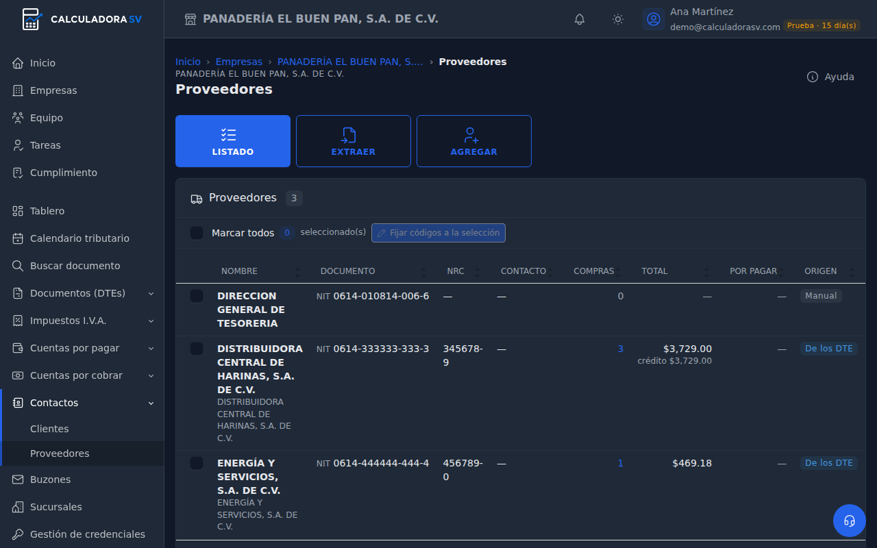Listado de proveedores con dos proveedores de origen De los DTE, su NIT, NRC, número de compras, total y la barra Marcar todos con el botón Fijar códigos a la selección