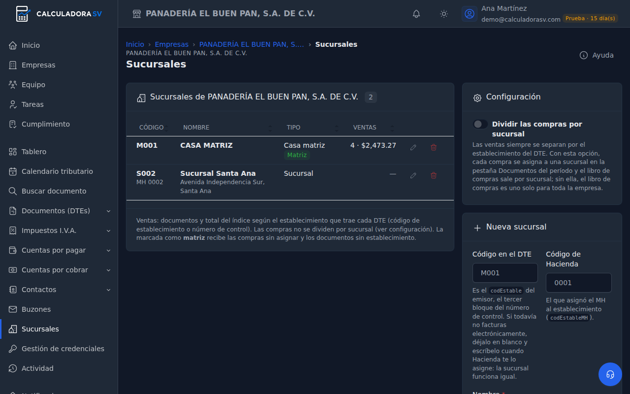 Sucursales de la empresa: la casa matriz M001 con 4 ventas y la Sucursal Santa Ana S002 con su código de Hacienda, la configuración Dividir las compras por sucursal y el formulario Nueva sucursal