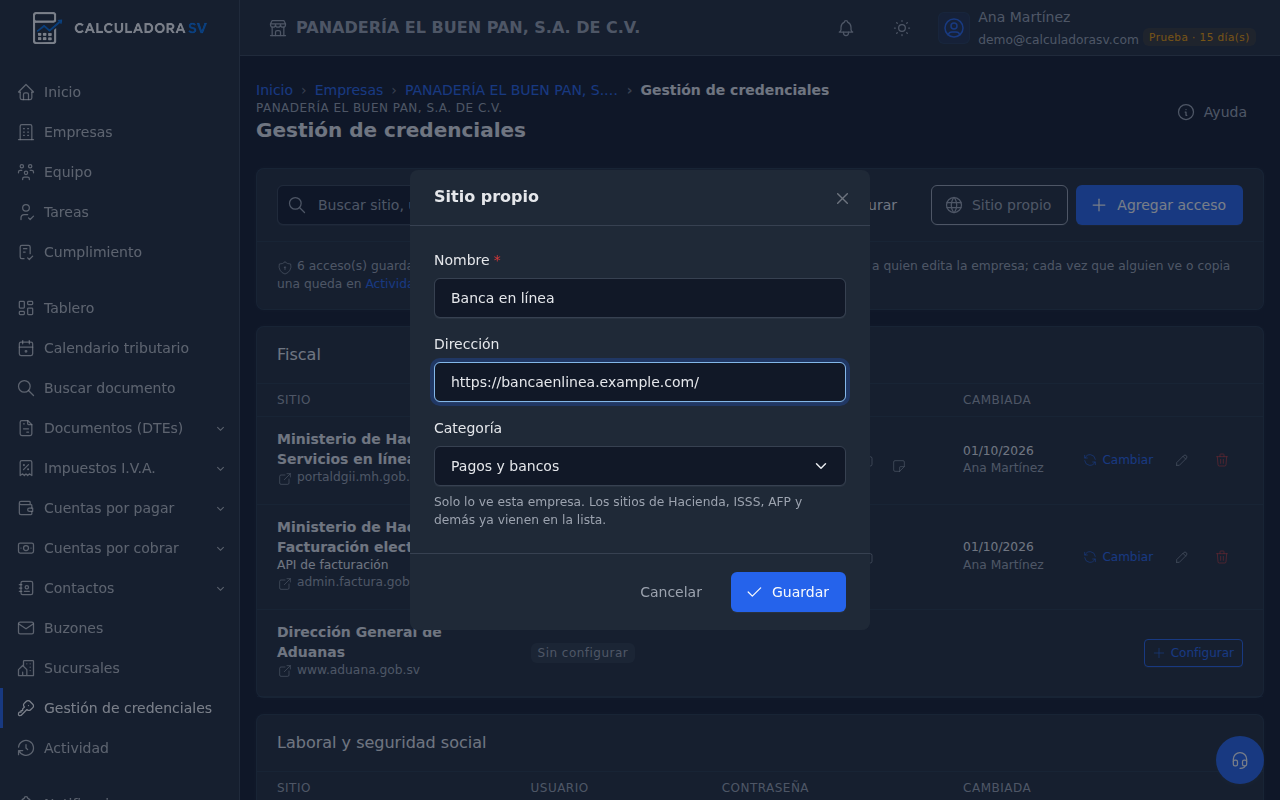 Ventana Sitio propio con el nombre Banca en línea, su dirección y la categoría Pagos y bancos