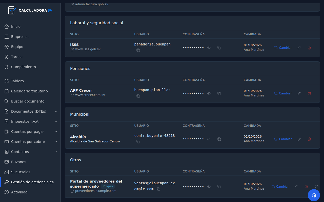 La lista con Ocultar sin configurar encendido: ISSS, AFP Crecer, la Alcaldía de San Salvador Centro y un sitio propio marcado Propio en el grupo Otros