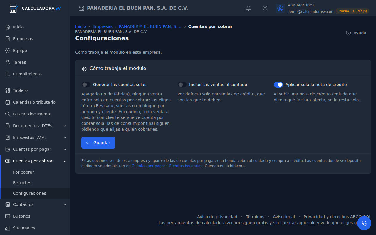 Configuraciones del módulo: interruptores Generar las cuentas solas, Incluir las ventas al contado y Aplicar sola la nota de crédito