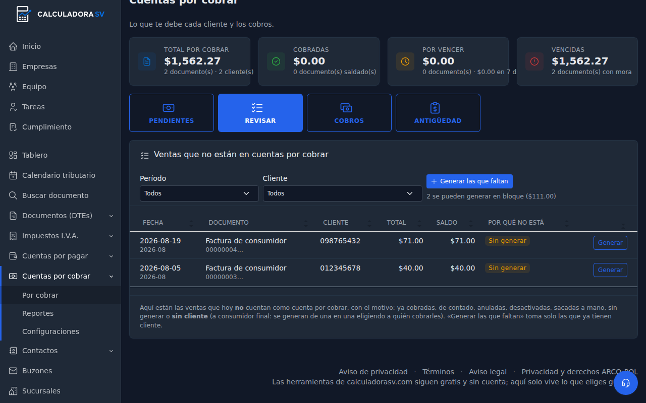 Panel Revisar con los filtros de período y cliente, el botón Generar las que faltan y dos facturas de consumidor sin generar, cada una con su botón Generar