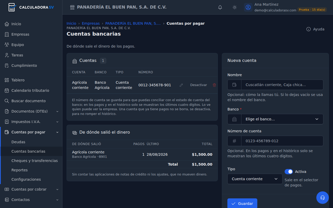 Sección Cuentas bancarias con una cuenta corriente del Banco Agrícola, el resumen De dónde salió el dinero y el formulario Nueva cuenta