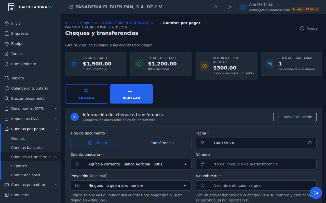Formulario para girar un cheque: tipo de documento Cheque o Transferencia, fecha, cuenta bancaria, número, proveedor opcional y a nombre de