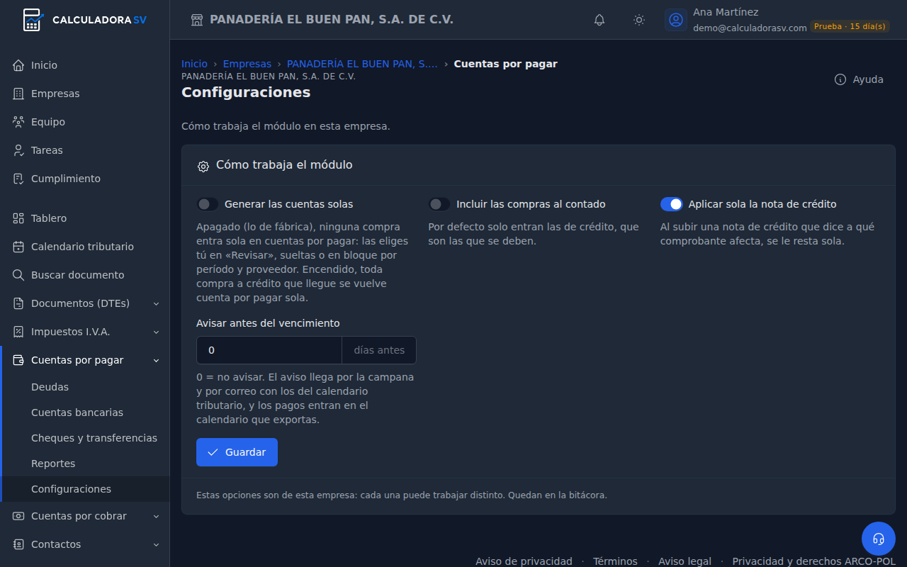 Configuraciones del módulo: interruptores Generar las cuentas solas, Incluir las compras al contado y Aplicar sola la nota de crédito, y el campo Avisar antes del vencimiento