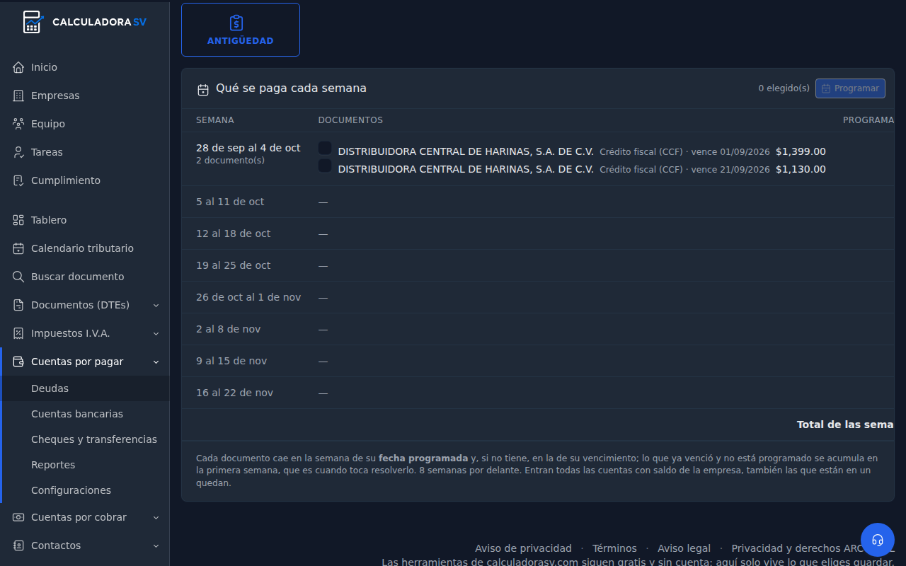 Panel Programación con ocho semanas; en la primera, las dos cuentas vencidas del proveedor con su monto