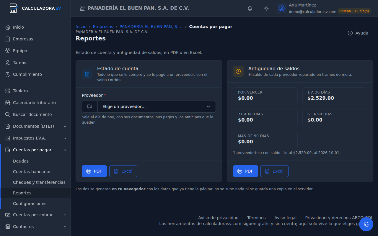 Reportes: tarjeta Estado de cuenta con el selector de proveedor y tarjeta Antigüedad de saldos con los cinco tramos, cada una con botones PDF y Excel