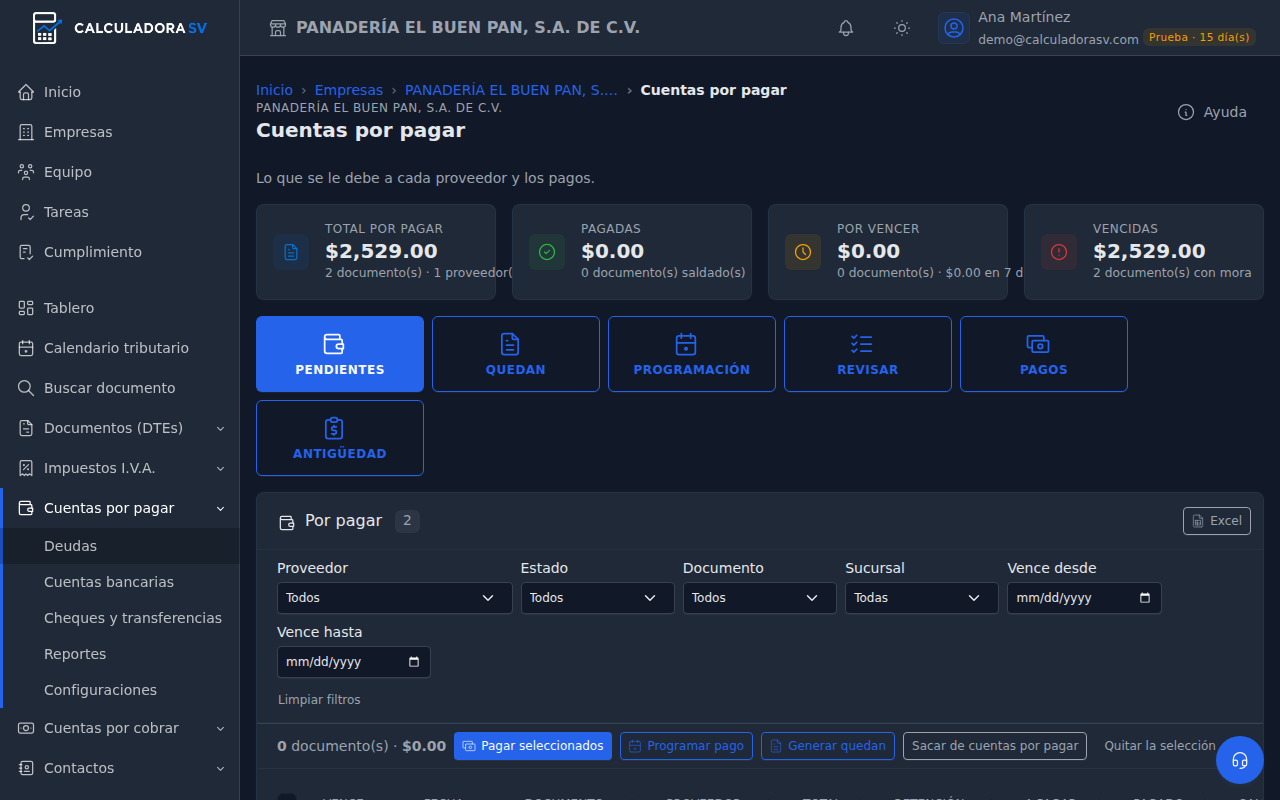 Pantalla Deudas de Cuentas por pagar con las tarjetas Total por pagar, Pagadas, Por vencer y Vencidas, y los botones Pendientes, Quedan, Programación, Revisar, Pagos y Antigüedad