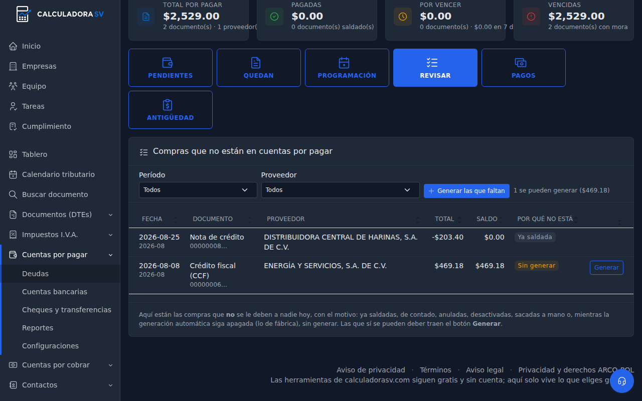 Panel Revisar con los filtros de período y proveedor, el botón Generar las que faltan y dos compras: una nota de crédito ya saldada y un crédito fiscal sin generar con su botón Generar