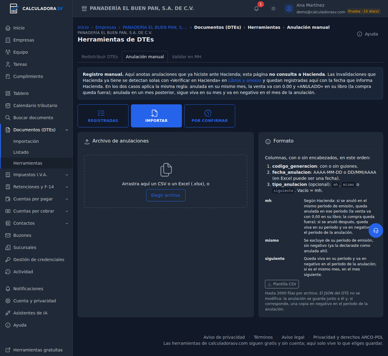Herramientas › Anulación manual en el panel Importar: la zona para el archivo CSV o Excel y la tarjeta Formato con las tres columnas y los tres tipos de anulación