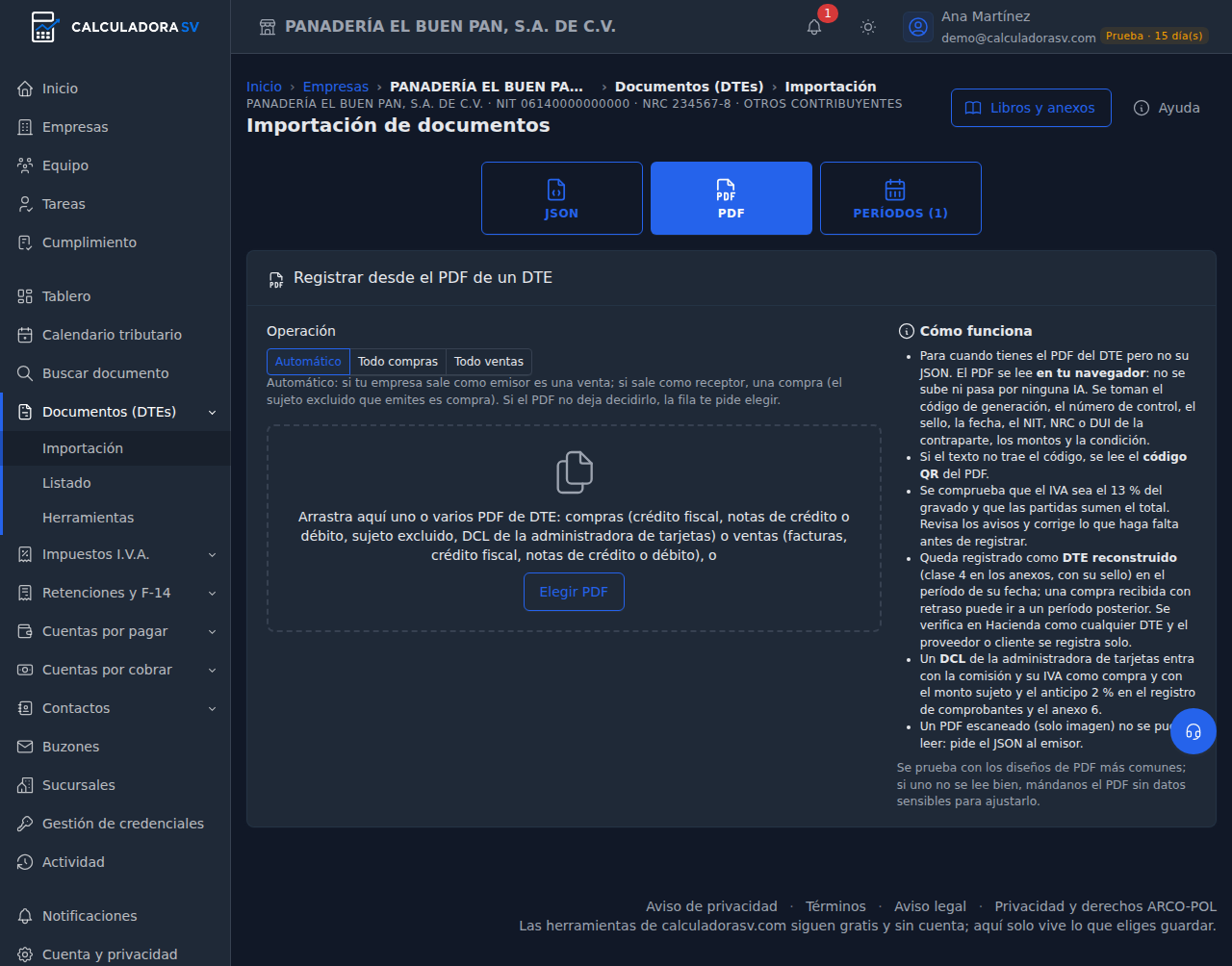 Importación › PDF: el selector de operación con Automático, Todo compras y Todo ventas, la zona para arrastrar los PDF y la explicación de cómo funciona