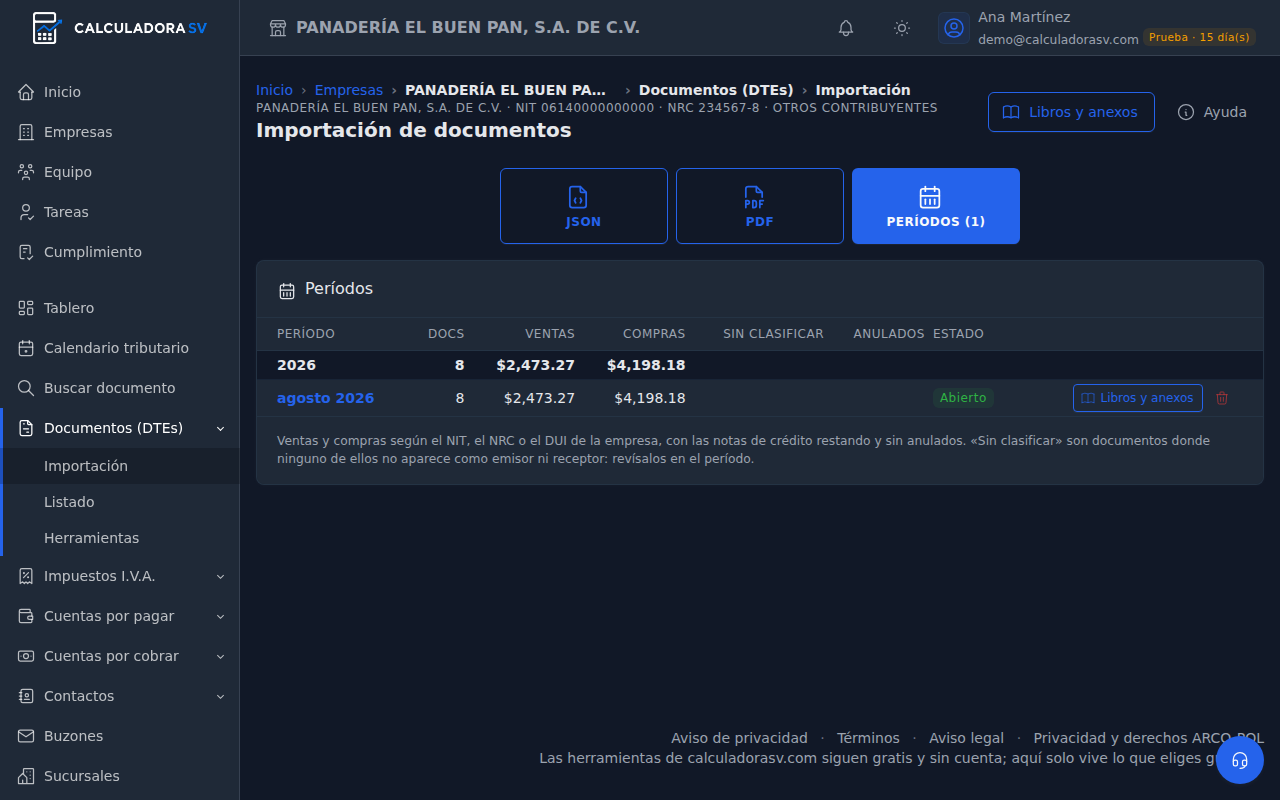 Importación › Períodos: la tabla con el año 2026 y agosto 2026, sus documentos, ventas, compras, estado Abierto y el botón Libros y anexos