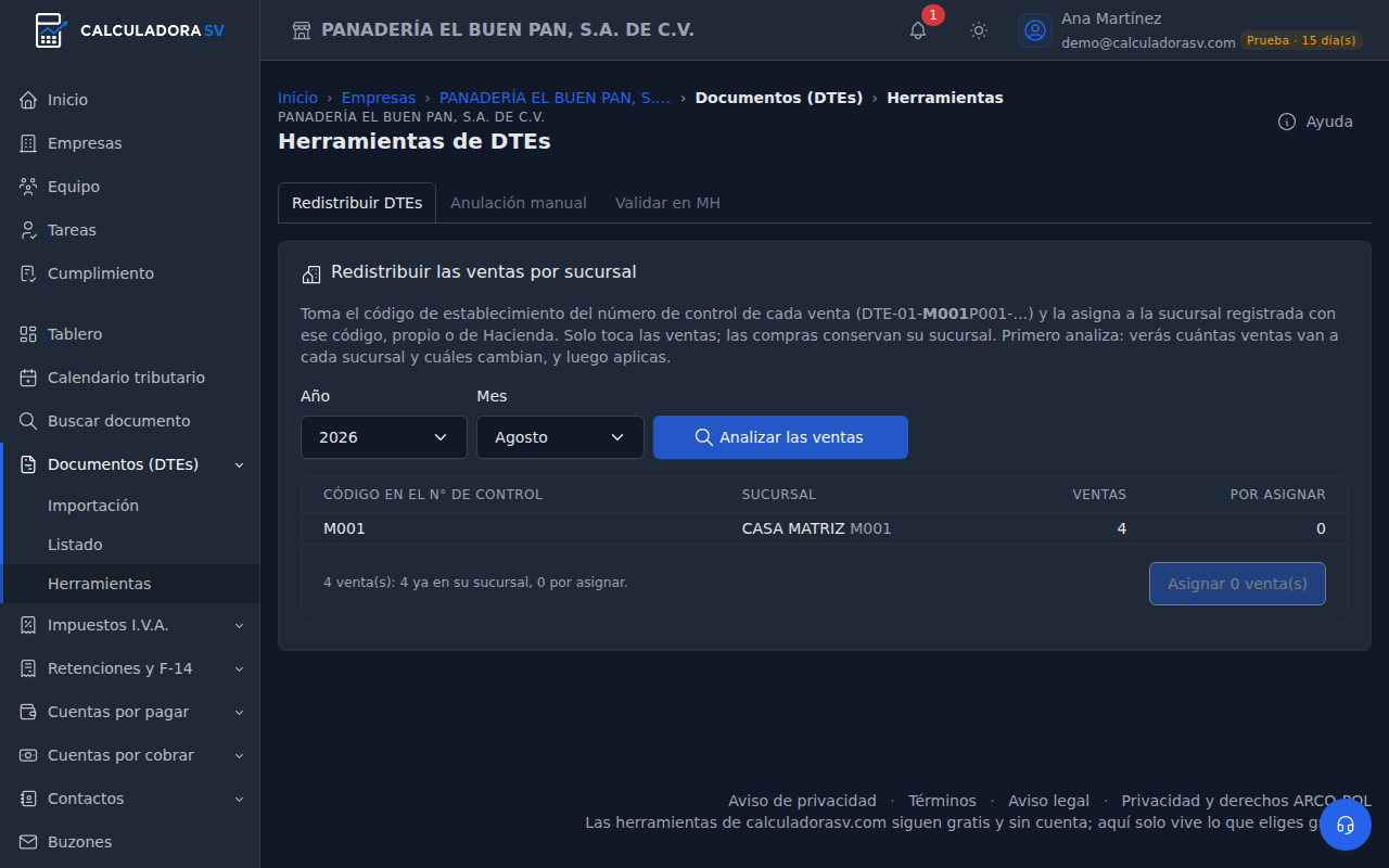 Herramientas, pestaña Redistribuir DTEs, con el año y el mes elegidos, el botón Analizar las ventas y el plan: código M001, sucursal Casa matriz, cuatro ventas ya en su sucursal y ninguna por asignar