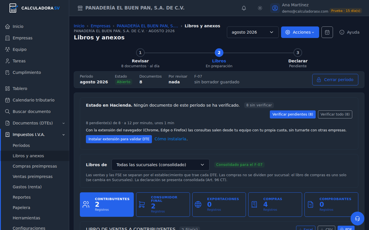 Paso 2, Libros, de un período con la tarjeta Estado en Hacienda: ningún documento verificado, los botones Verificar pendientes y Verificar todo, y el botón Instalar extensión para validar DTE
