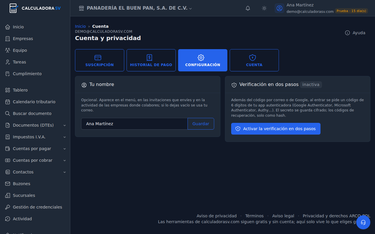 Configuración de la cuenta con la tarjeta Verificación en dos pasos y su botón para activarla