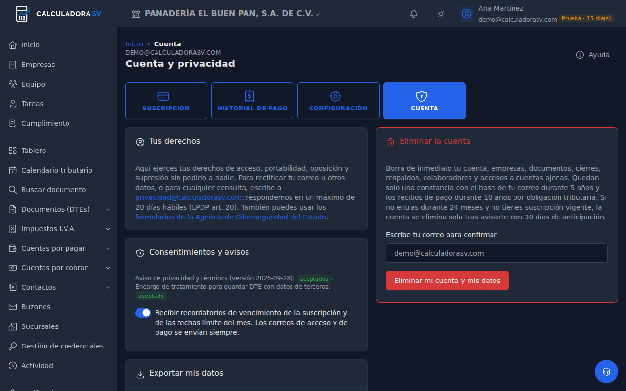 Pestaña Cuenta con Tus derechos, Consentimientos y avisos con el interruptor de recordatorios, Exportar mis datos y la tarjeta roja Eliminar la cuenta