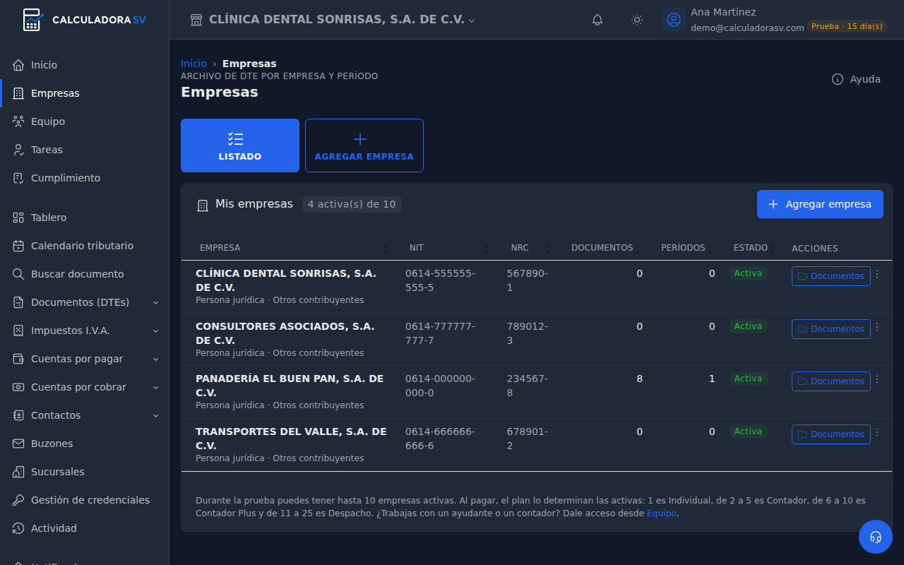 Pantalla Empresas con cuatro empresas activas de diez permitidas en la prueba, cada una con NIT, NRC, documentos, períodos, estado Activa y el botón Documentos