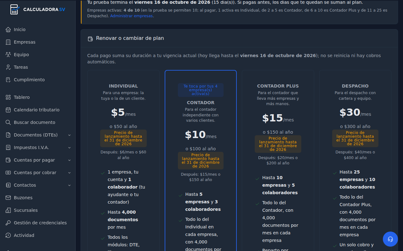 Las cuatro tarjetas de planes, Individual, Contador, Contador Plus y Despacho, con el precio por mes y por año, el precio de lanzamiento y lo que incluye cada uno; Contador marcado por las empresas activas