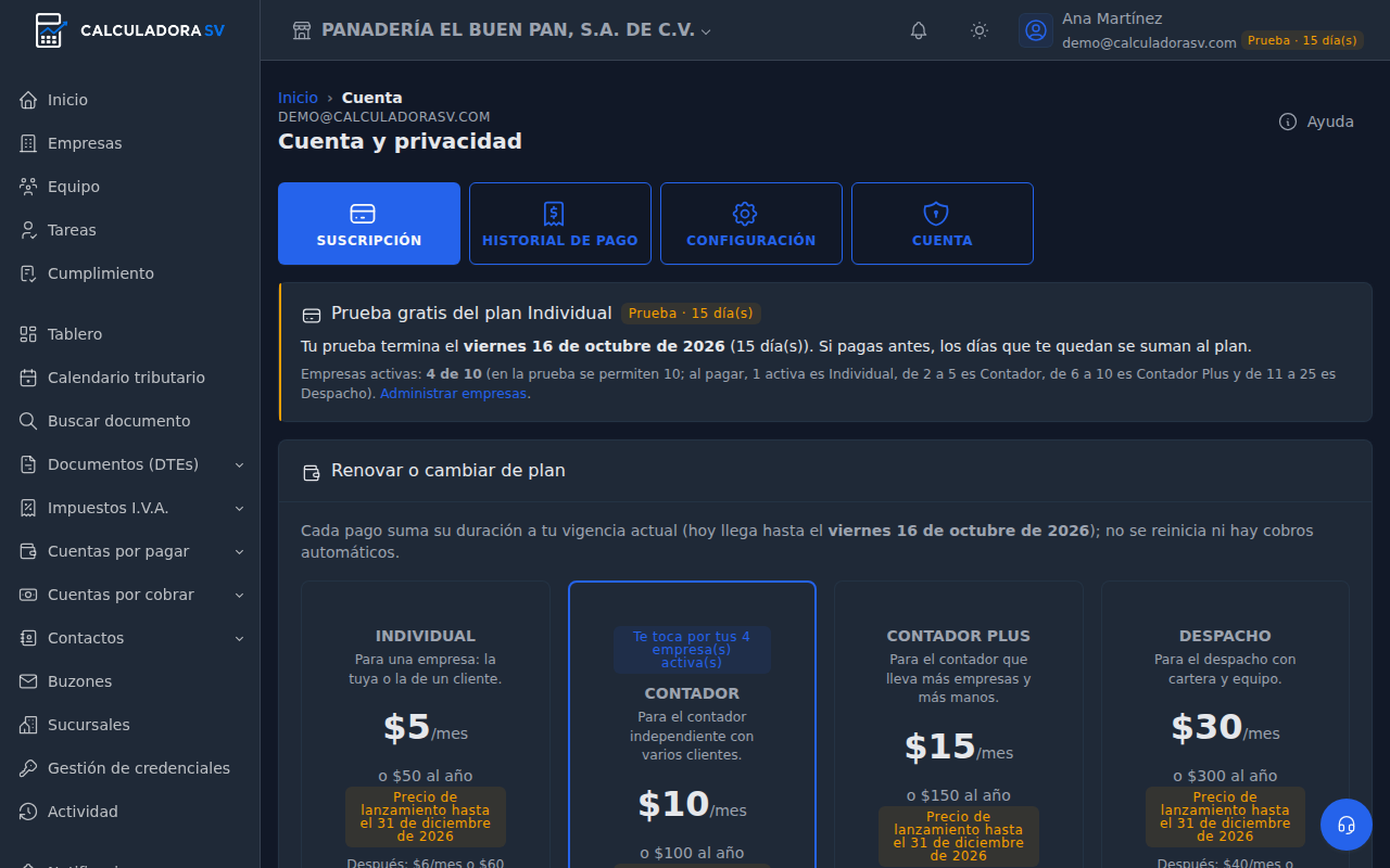 Pestaña Suscripción con la prueba gratis del plan Individual, los días que quedan, las empresas activas y el inicio de Renovar o cambiar de plan