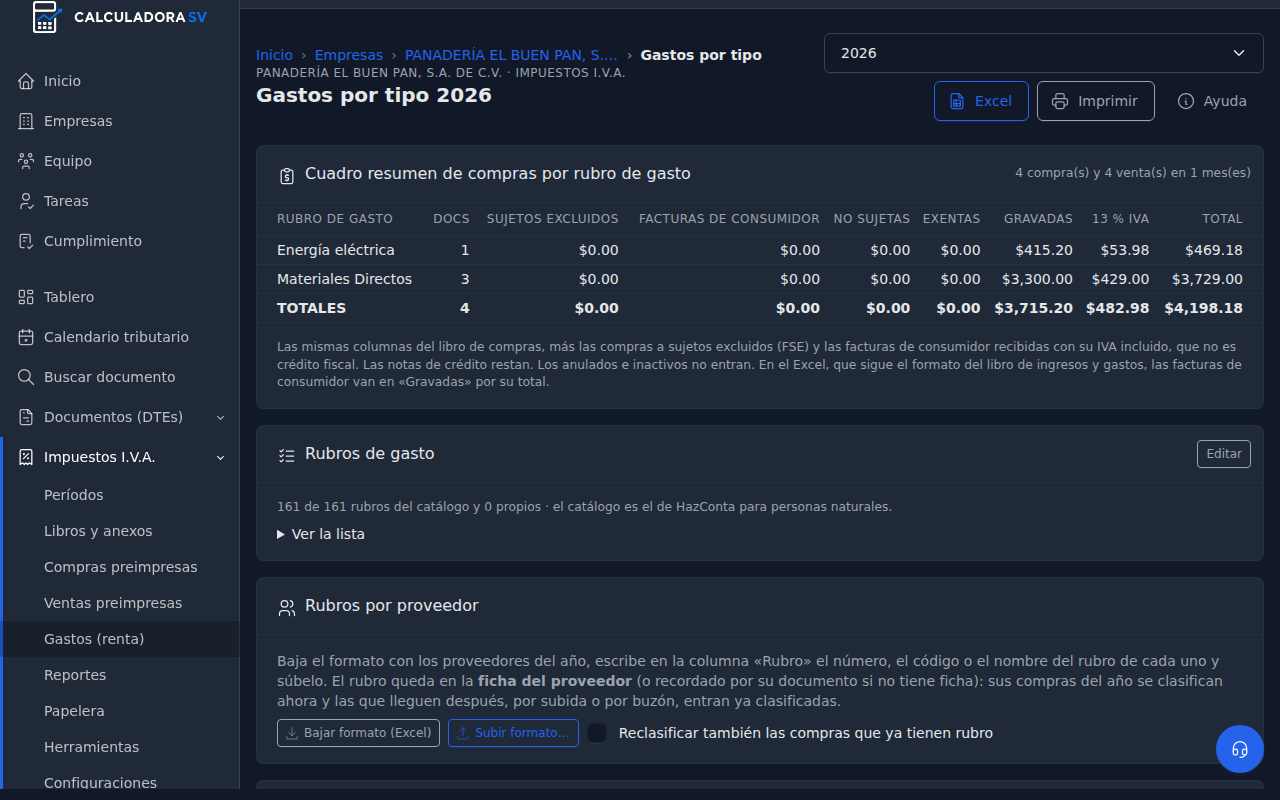 Pantalla Gastos por tipo 2026 con el cuadro resumen por rubro, los filtros de mes, proveedor y rubro, y la lista de compras con su rubro de gasto y el botón todas