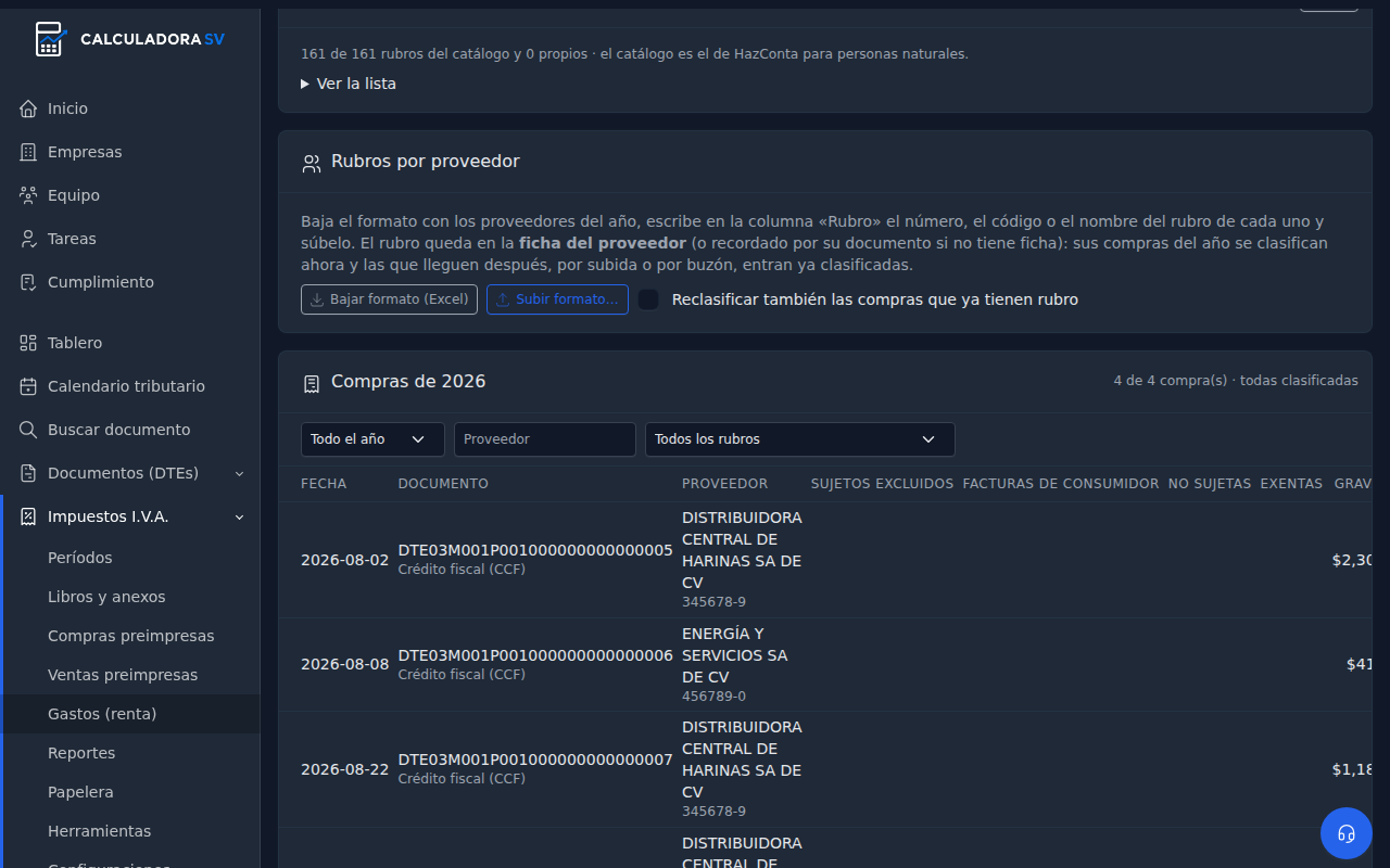 Tarjeta Rubros por proveedor con los botones para bajar el formato de Excel y subirlo, y la casilla Reclasificar también las compras que ya tienen rubro
