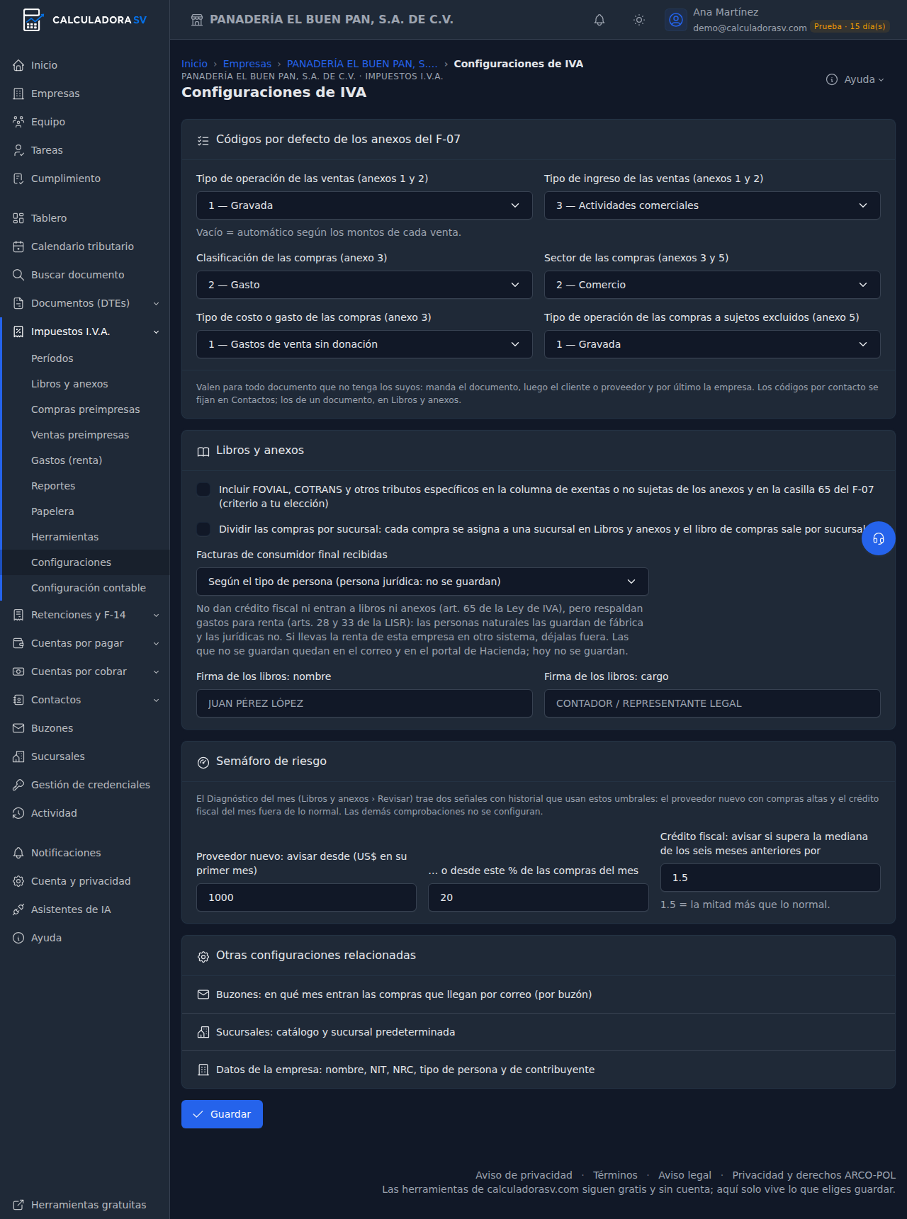 Pantalla Configuraciones de IVA con los seis códigos por defecto de los anexos, las casillas de otros tributos y de dividir compras por sucursal, la firma de los libros y los enlaces a otras configuraciones