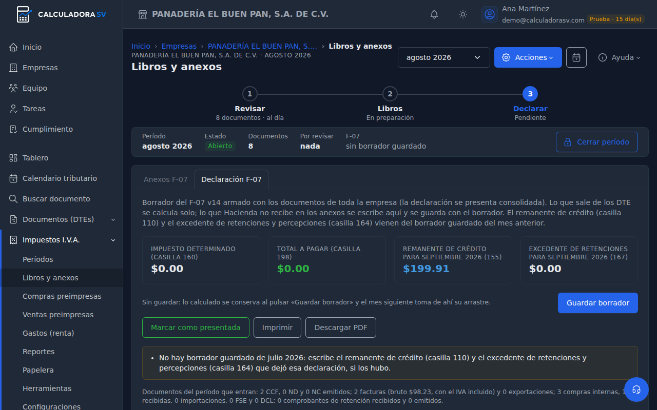 Subpestaña Declaración F-07 con las tarjetas de impuesto determinado, total a pagar, remanente de crédito y excedente de retenciones, los botones Guardar borrador, Marcar como presentada e Imprimir, y el principio del formulario