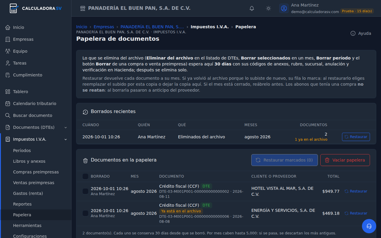 Pantalla Papelera de Impuestos I.V.A. con la tabla de borrados recientes (cuándo, quién, qué, meses y documentos, con su botón Restaurar) y la lista de documentos en la papelera con casillas, uno de ellos marcado Ya está en el archivo