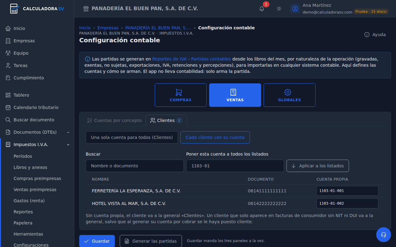 Panel Ventas con la pestaña Clientes: la opción Cada cliente con su cuenta marcada, el buscador y la lista de clientes con la casilla de cuenta propia de cada uno