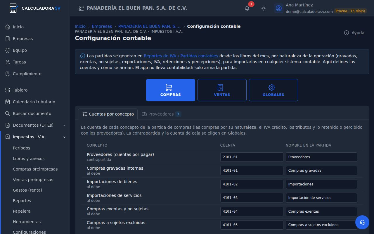 Configuración contable con el panel Compras abierto: la pestaña Cuentas por concepto lista los conceptos de la partida de compras con su cuenta y el nombre en la partida