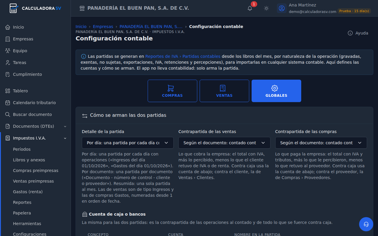 Panel Globales de Configuración contable: el detalle de la partida, la contrapartida de las ventas, la de las compras y la cuenta de caja o bancos