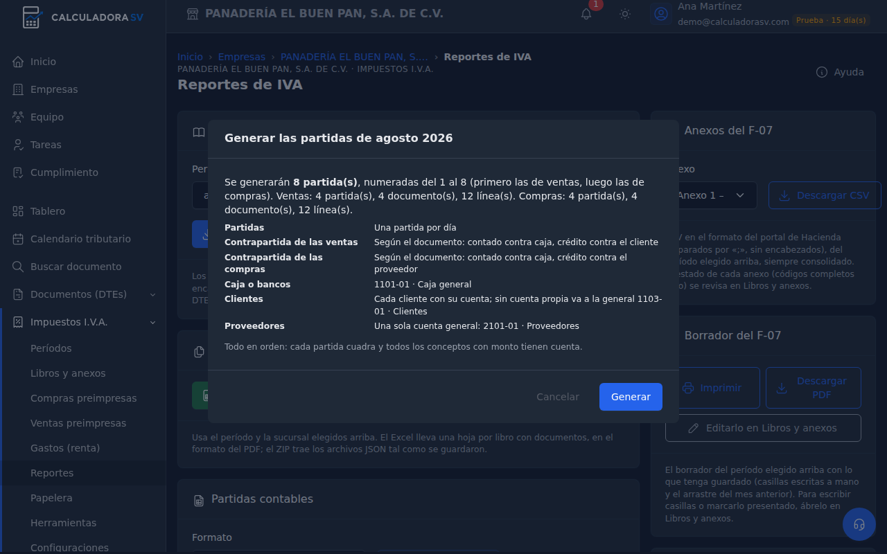 Vista previa de las partidas contables del mes antes de generarlas, con cuentas, cargos y abonos cuadrados